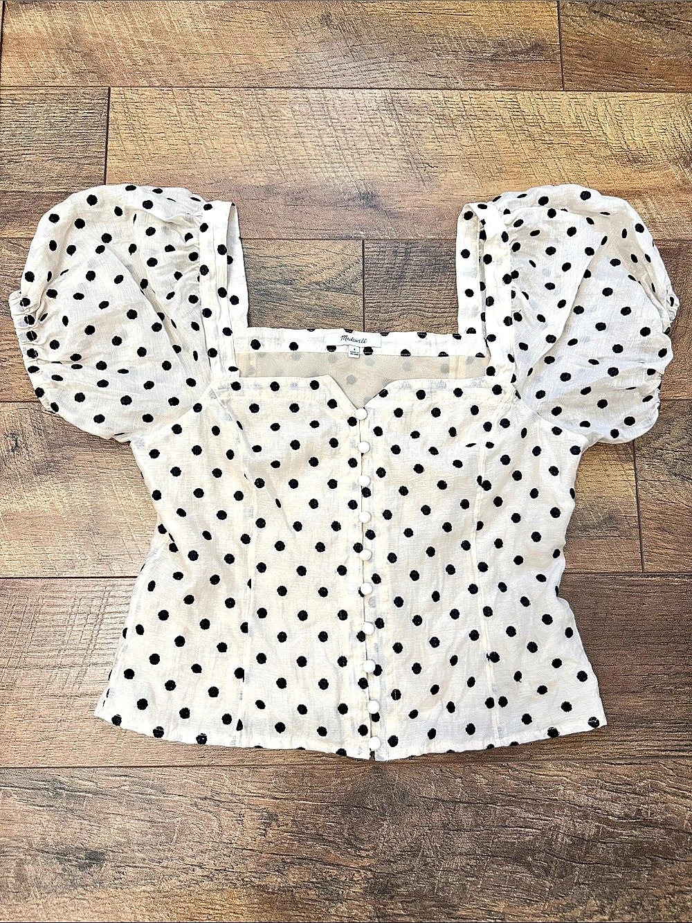 Madewell Polka Dot Puff Sleeve Blouse in White & Black Size 4 Like29